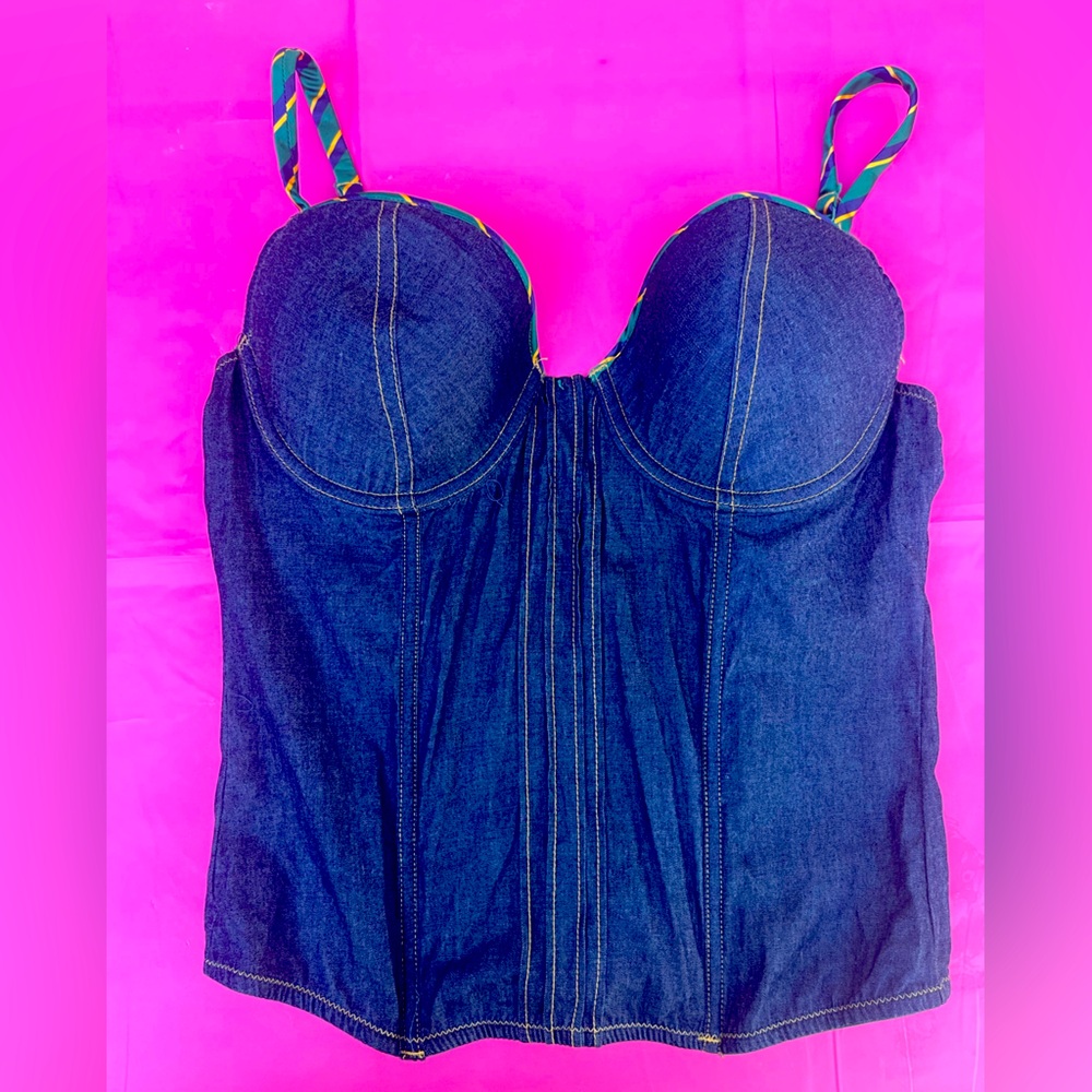 BRA,CORSET,TWO GARTERS JESSICA SIMPSON denim alike NEW WITH TAGS 34/36 C